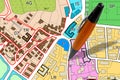 Imaginary General Urban Plan concept - Zoning regulations with zoning districts, urban destinations, land use, buildable areas,