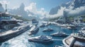 Imaginary illustration of a harbor full of futuristic ships, turquoise waters. In the background there were mountains and green