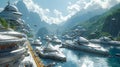 Imaginary illustration of a harbor full of futuristic ships, turquoise waters. In the background there were mountains and green