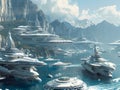 Imaginary illustration of a harbor full of futuristic ships, turquoise waters. In the background there were mountains and green