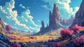 An imaginary vibrant landscape with fluffy clouds and trees