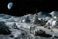 Imaginary lunar base with futuristic architecture, astronauts going about their duties, and vehicles designed for moon terrain.