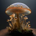 Imaginary magic mushrooms in enchanted forest, close-up, macro illustration. AI generative, dark background