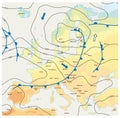 Imaginary meteorological vector weather map of europe with capital cities