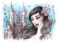 Imaginary princess with dark hair and her castle behind