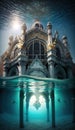 Imaginary surreal Venice over water and under water, split frame, AI generative