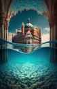 Imaginary surreal Venice over water and under water, split frame, AI generative