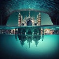 Imaginary surreal Venice over water and under water, split frame, AI generative