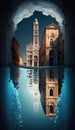 Imaginary surreal Venice over water and under water, split frame, AI generative