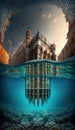 Imaginary surreal Venice over water and under water, split frame, AI generative