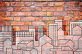 Imaginary urban skyline of a modern hypothetical city on a brick wall - concept image with copy space