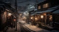 Imaginary view of Kyoto old street under snow, AI generative winter view of old Japan