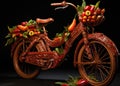 Imaginary whimsical bicycle made of red chili peppers.