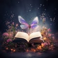 Imagination concept open book with magic flowers Royalty Free Stock Photo