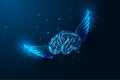 Imagination, creative idea concept with flying brain and wings in futuristic glowing style on blue