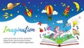 Imagination, creativity, new idea concept - open book with rocket, unicorn, earth, air balloon, jupiter, moon, stars Royalty Free Stock Photo