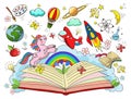 Imagination, creativity, new idea concept - open book with rocket, unicorn, earth, air balloon, jupiter, moon, stars Royalty Free Stock Photo