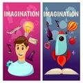 Vector banners. Imagination and exploration. Science and research. Rocket launch. Discovery new world, start new Royalty Free Stock Photo