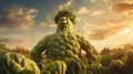 Whimsical fantasy farmer with cabbage leafy hair and broccoli figure on fertile farm at golden hour. AI generated.