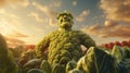 Whimsical fantasy farmer with cabbage leafy hair and broccoli figure on fertile farm at golden hour. AI generated.