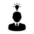 Imagination icon vector male person profile avatar symbol with bulb for creative idea for business development in Glyph Pictogram Royalty Free Stock Photo