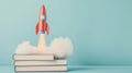 Imagination and learning concept with rocket launching from books. Fly aesthetic Royalty Free Stock Photo