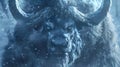 Imagination, nature, wildlife, closeup, giant buffalo standing in front of a frozen snow field