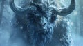 Imagination, nature, wildlife, closeup, giant buffalo standing in front of a frozen snow field