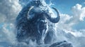 Imagination, nature, wildlife, closeup, giant buffalo standing in front of a frozen snow field