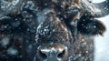 Imagination, nature, wildlife, closeup, giant buffalo standing in front of a frozen snow field