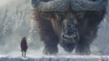 Imagination, nature, wildlife, closeup, giant buffalo standing in front of a frozen snow field