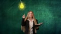 Imagination in problem solving concept. Portrait of woman isolated on green background light bulbs image on top. Girl Royalty Free Stock Photo