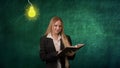 Imagination in problem solving concept. Portrait of woman isolated on green background light bulbs image on top. Girl Royalty Free Stock Photo