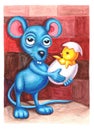 Imagination watercolor mouse holding chick.