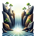 Imaginative artwork of a waterfall cascading between two stylized rocky cliffs, featuring geometric Royalty Free Stock Photo