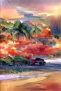 The Sunset on the beach colorful painting