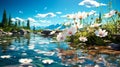 Imaginative 3D Landscape Art in Romantic Anime Style Featuring Grass Flowers and Water Drops