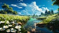 Imaginative 3D Wallpaper of White and Green Riverscape with Anime Aesthetic and Realism