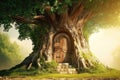 Imaginative Depiction Of Huge Old Fantasy Deciduous Tree With Door To Its Interior Ajar, Set In Old