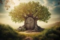 Imaginative Depiction Of Huge Old Fantasy Deciduous Tree With Door To Its Interior Ajar, Set In Old Oak Forest On Sunny Summer Day Royalty Free Stock Photo