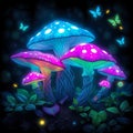 An imaginative depiction of radiant mushrooms and glowing flora, with butterflies adding to the whimsical, otherworldly setting.