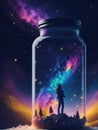 Imaginative fantasy image of a vast galaxy with a jar on a flat ground with a traveler doing something.generative AI