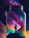 Imaginative fantasy image of a vast galaxy with a jar on a flat ground with a traveler doing something.generative AI