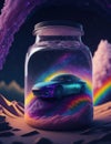 Imaginative fantasy image, a vast galaxy with a jar mutilated in a small supercar.generative AI