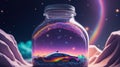 Imaginative fantasy image, a vast galaxy with a jar mutilated in a small supercar.generative AI