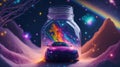 Imaginative fantasy image, a vast galaxy with a jar mutilated in a small supercar.generative AI