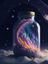 Imaginative fantasy image, a vast galaxy with a mason jar in it, with mountains and clouds.generative AI