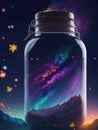 Imaginative fantasy image, a vast galaxy with a mason jar in it, with mountains and clouds.generative AI