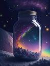 Imaginative fantasy image, a vast galaxy with a mason jar in it, with mountains and clouds.generative AI