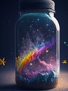 Imaginative fantasy image, a vast galaxy with a mason jar in it, with mountains and clouds.generative AI